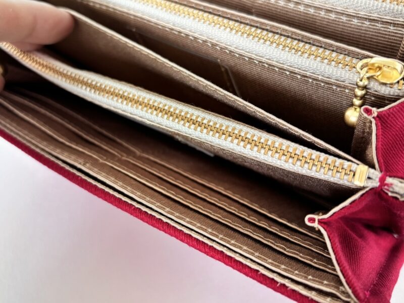 フラップ開閉型・家計やりくり財布・3費目管理用・ダークレッド×ボーダー・お札ポケット