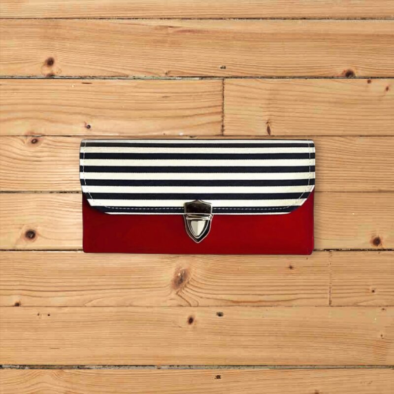 フラップ開閉型・家計やりくり財布・3費目管理用・ダークレッド×ボーダー