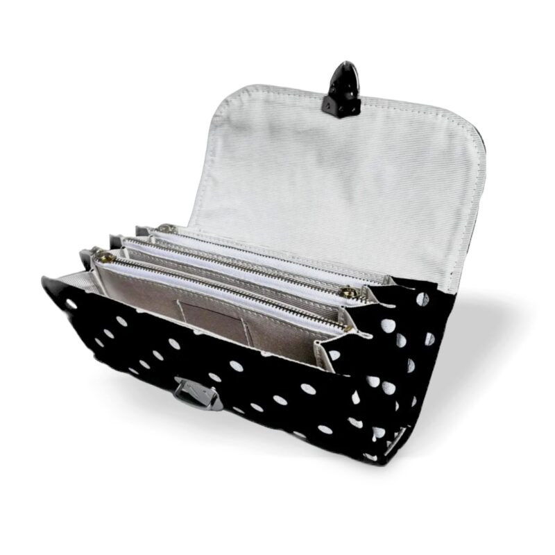 フラップ開閉型•家計やりくり財布•3費目管理用・水玉ブラック・開いた状態