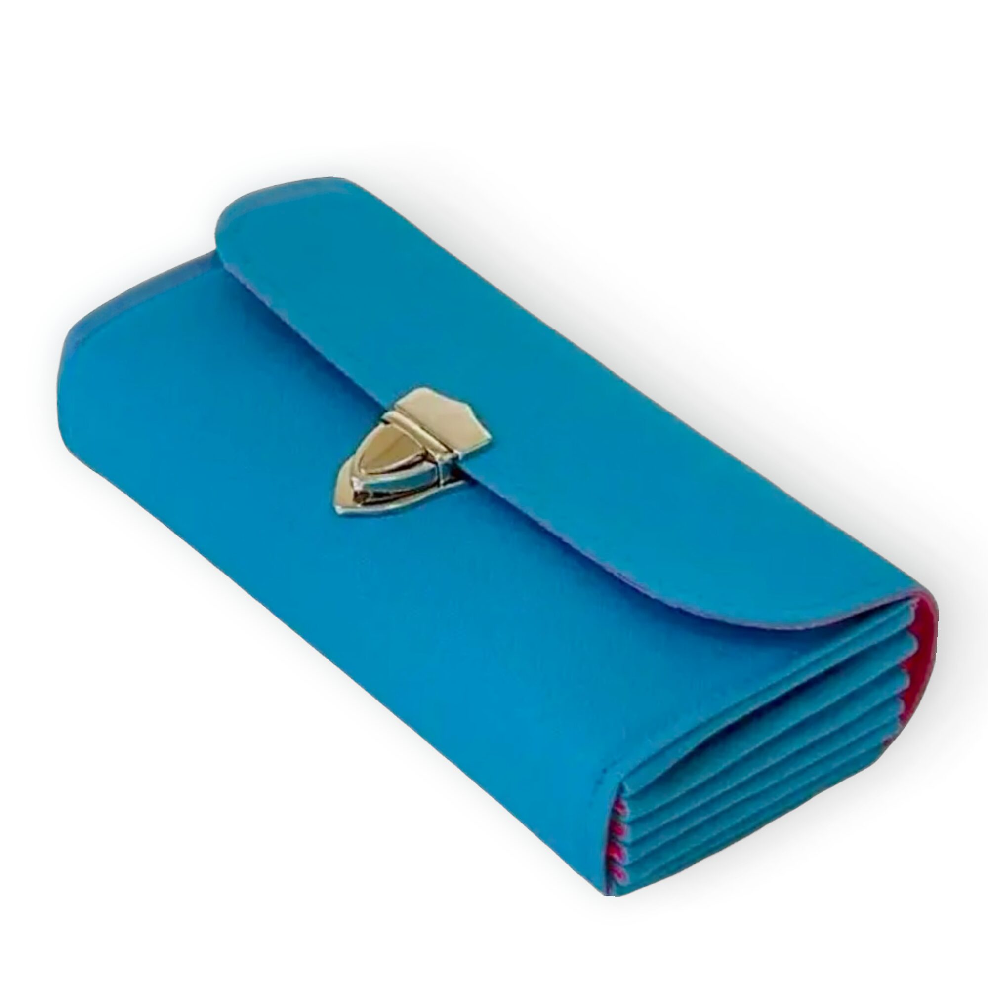 フラップ開閉型•家計やりくり財布•3費目管理用・ターコイズブルー・斜め上から