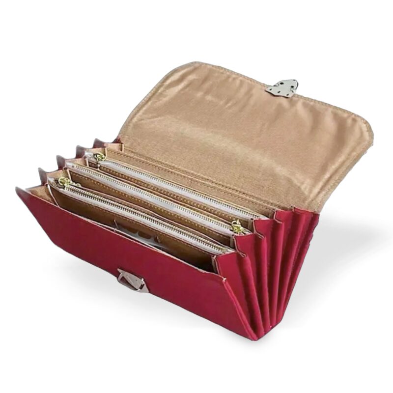 フラップ開閉型・家計やりくり財布・3費目管理用・ダークレッド×ボーダー・開いた状態