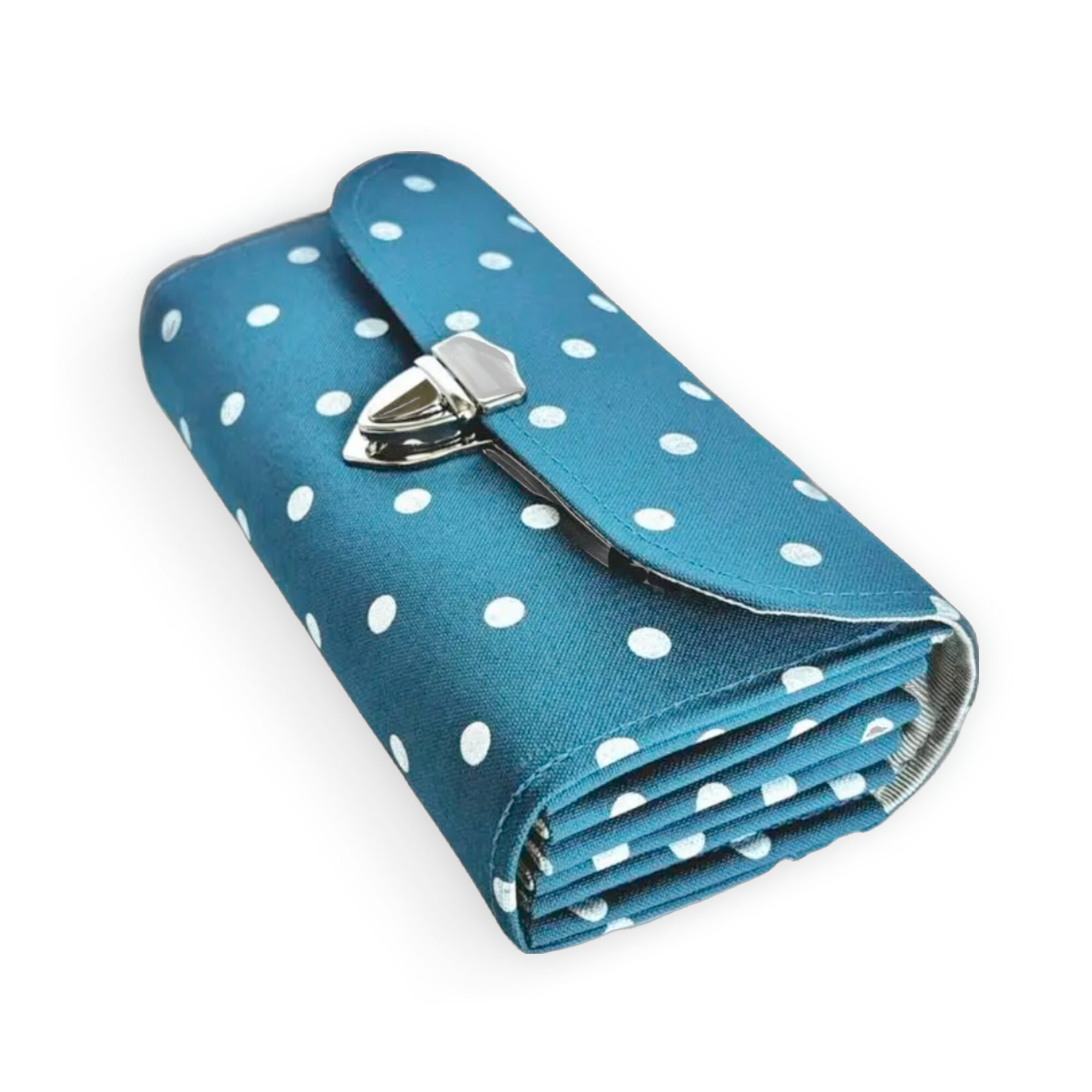 フラップ開閉型•家計やりくり財布•3費目管理用・水玉ターコイズブルー・斜め上から