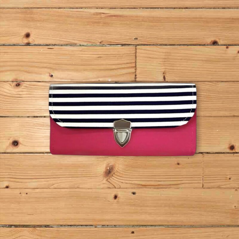フラップ開閉型・家計やりくり財布・3費目管理用・チェリーピンク×ボーダー