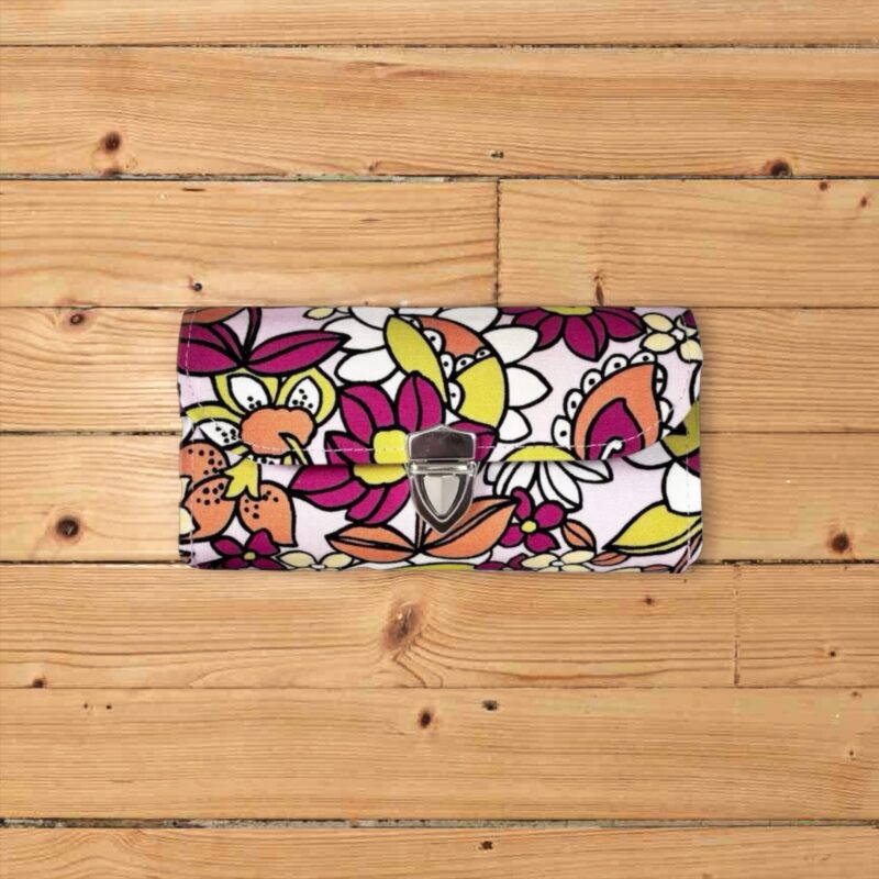 フラップ開閉型・家計やりくり財布・3費目管理用・レトロフラワーピンク