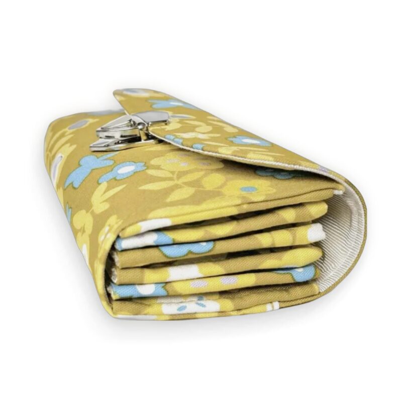フラップ開閉型•家計やりくり財布•3費目管理用・マスタードフラワー柄・横