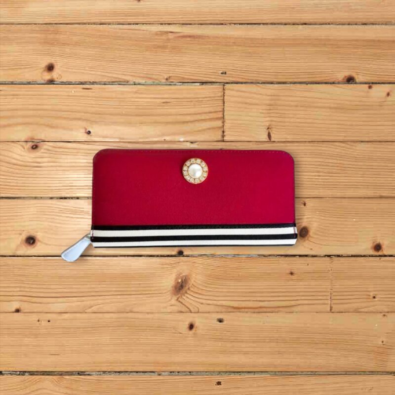 ラウンドファスナー型・家計やりくり財布・3費目管理用・ダークレッド×ボーダー