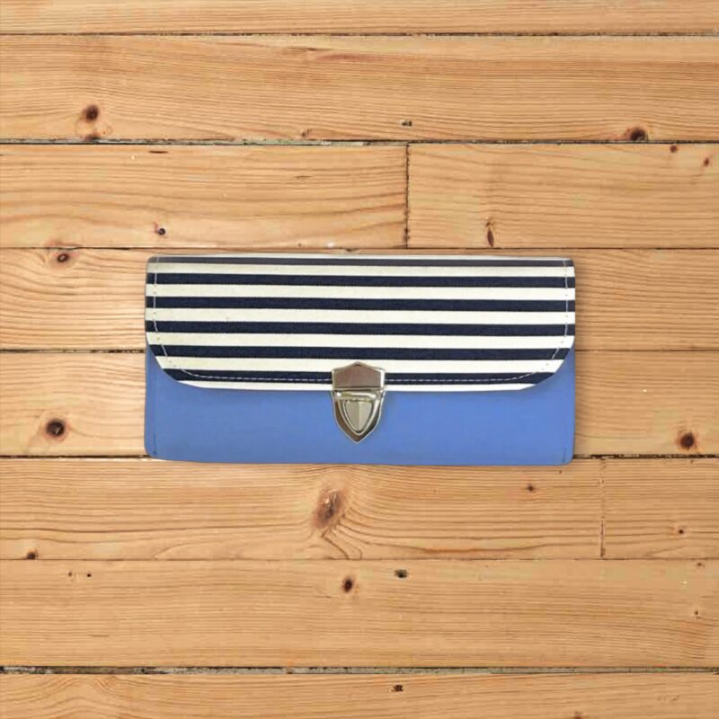フラップ開閉型・家計やりくり財布・3費目管理用・スカイブルー×ボーダー