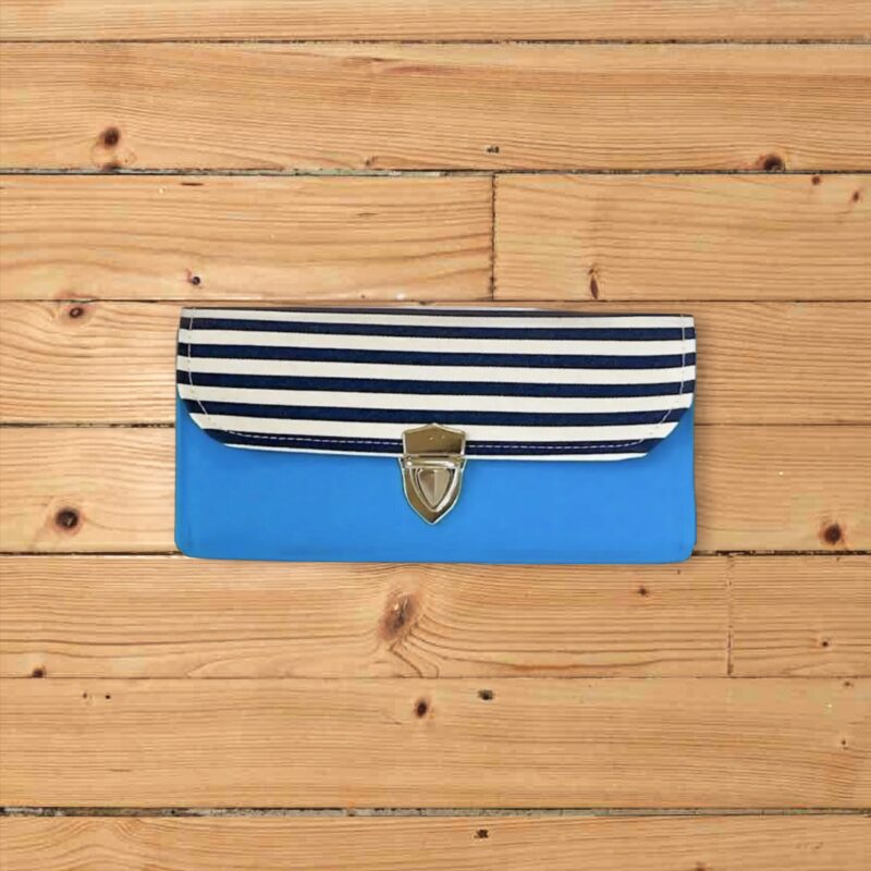 フラップ開閉型・家計やりくり財布・3費目管理用・ターコイズブルー×ボーダー