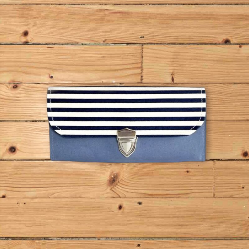 フラップ開閉型・家計やりくり財布・3費目管理用・ブルーグレー×ボーダー