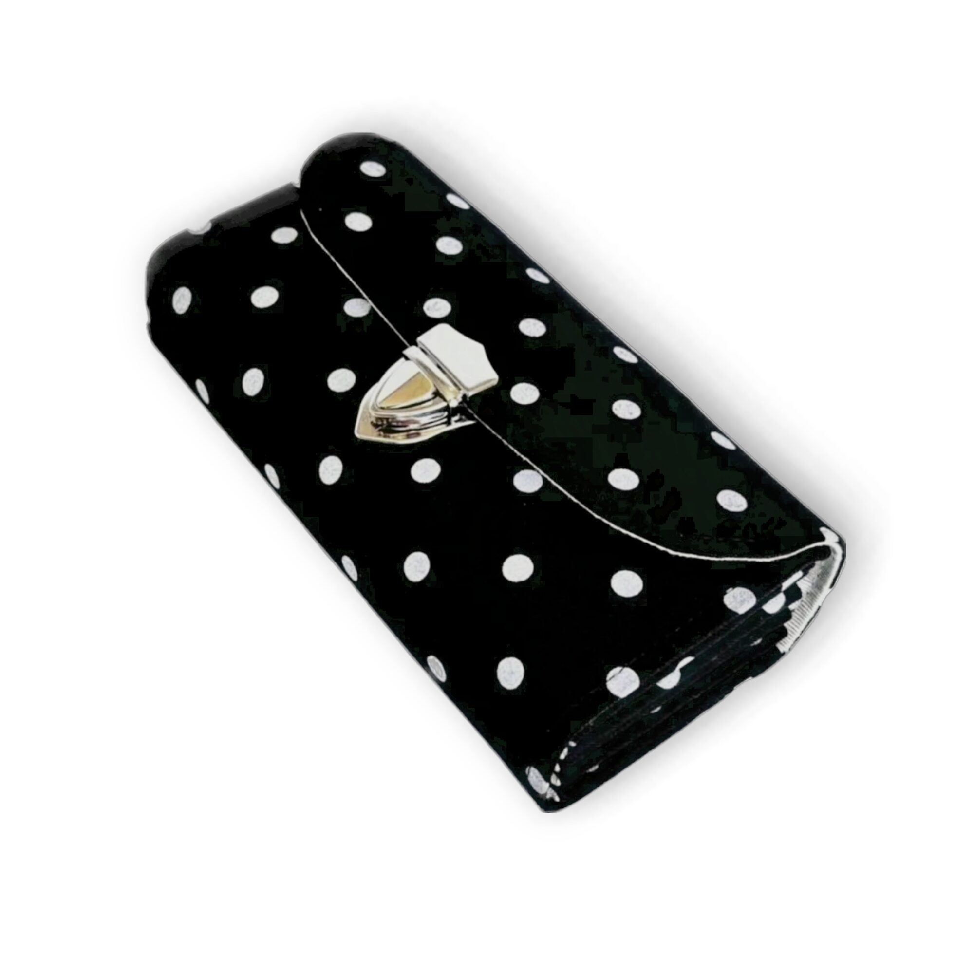 フラップ開閉型•家計やりくり財布•3費目管理用・水玉ブラック・斜め上から