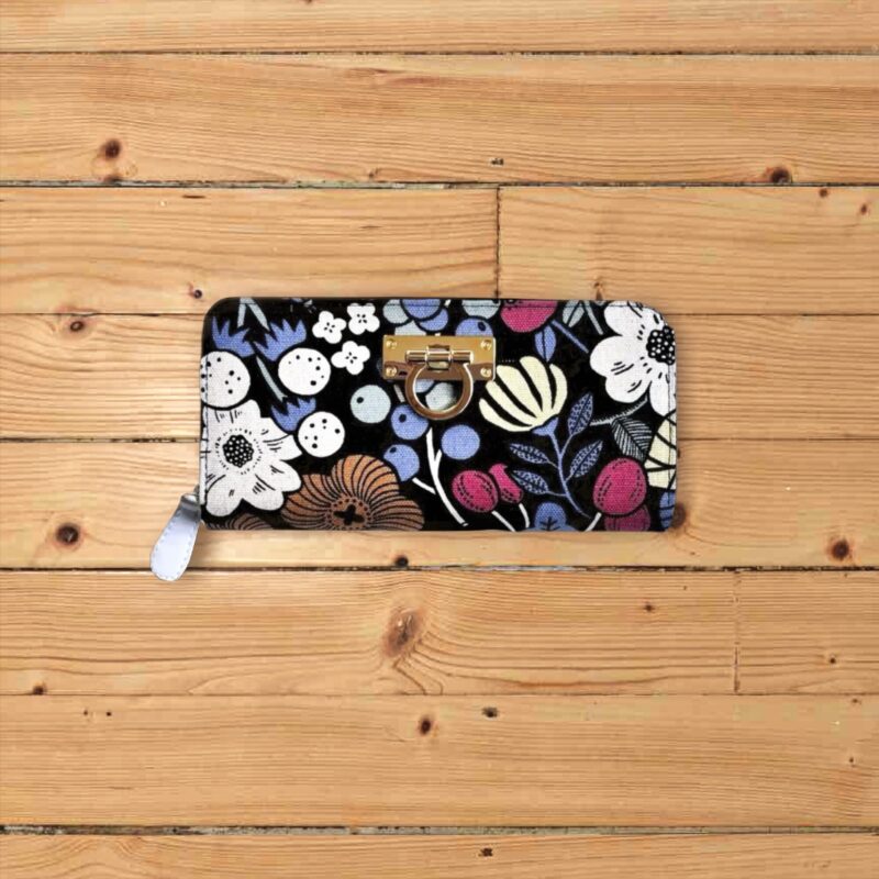 ラウンドファスナー型・家計やりくり財布・3費目管理用・植物柄ブラック