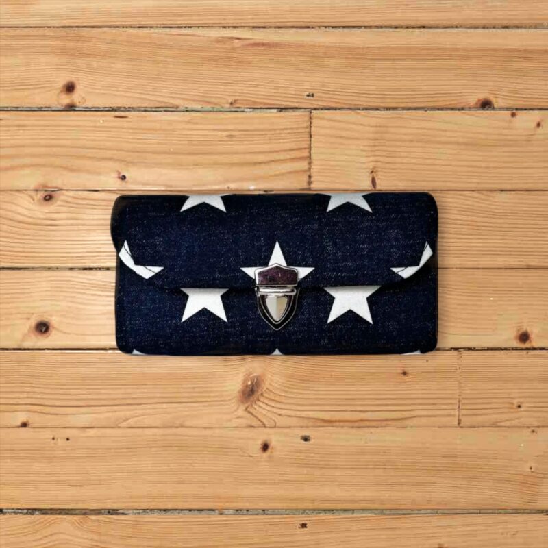 フラップ開閉型・家計やりくり財布・3費目管理用・デニム風スター柄