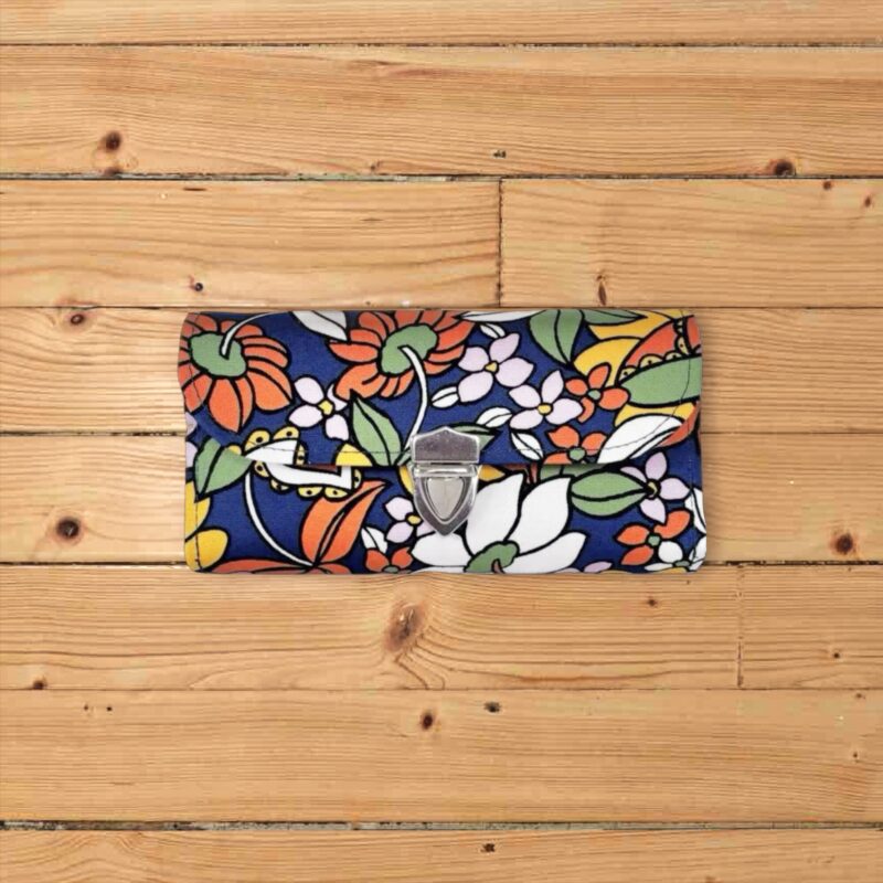 ラウンドファスナー型・家計やりくり財布・3費目管理用・レトロフラワーネイビー