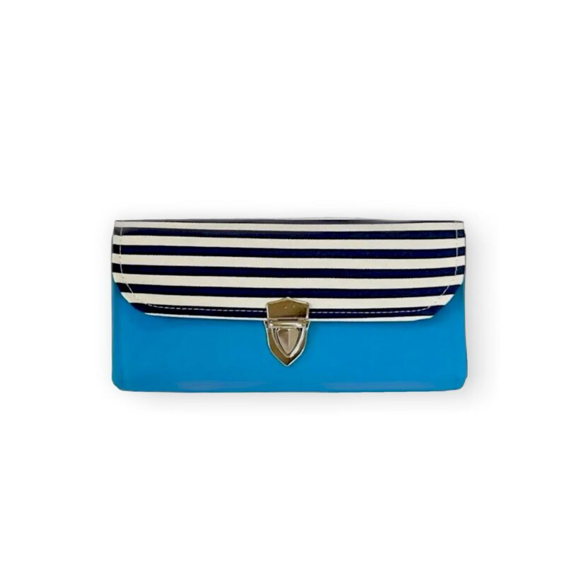 フラップ開閉型•家計やりくり財布•3費目管理用・ターコイズブルー×ボーダー