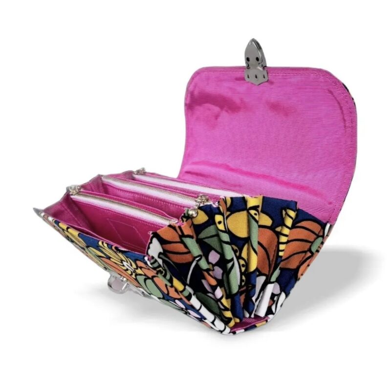 フラップ開閉型•家計やりくり財布•３費目管理用･レトロフラワーネイビー・開いた状態