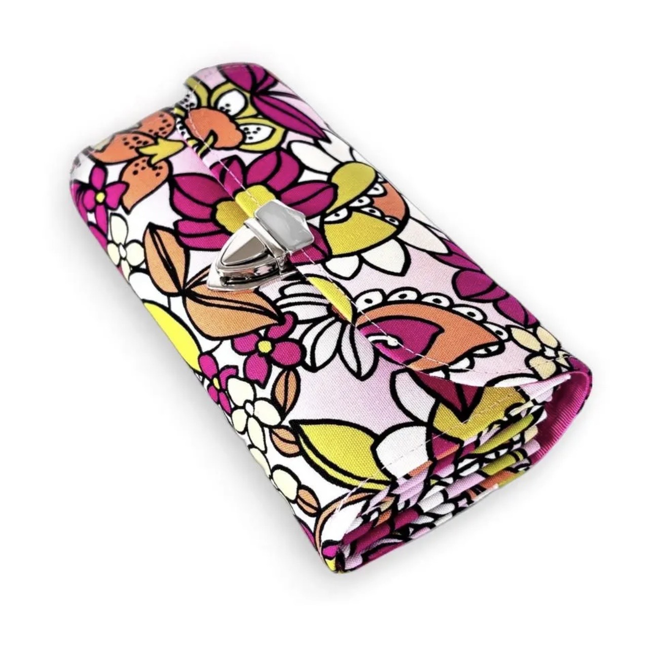 フラップ開閉型•家計やりくり財布•3費目管理用・レトロフラワーピンク・斜め上から