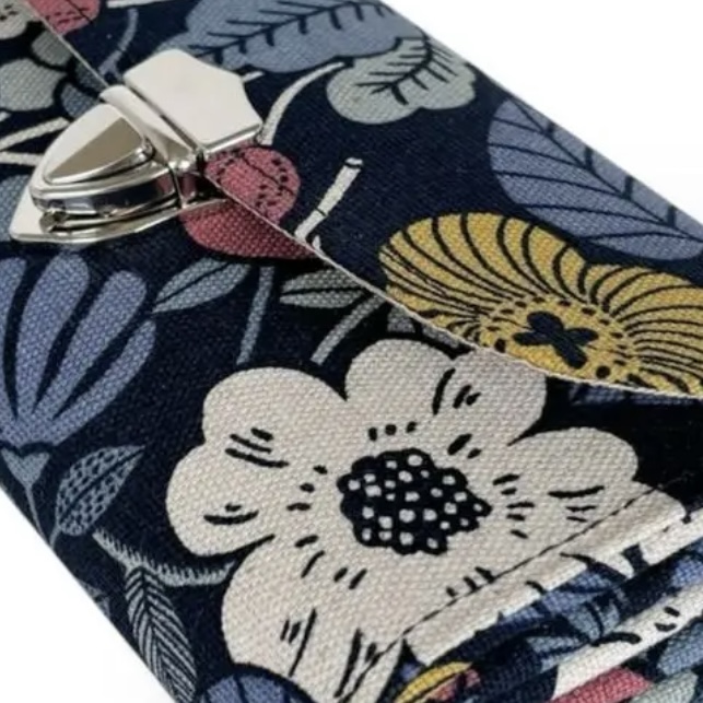 フラップ開閉型・家計やりくり財布・3費目管理用・植物柄ネイビー・生地