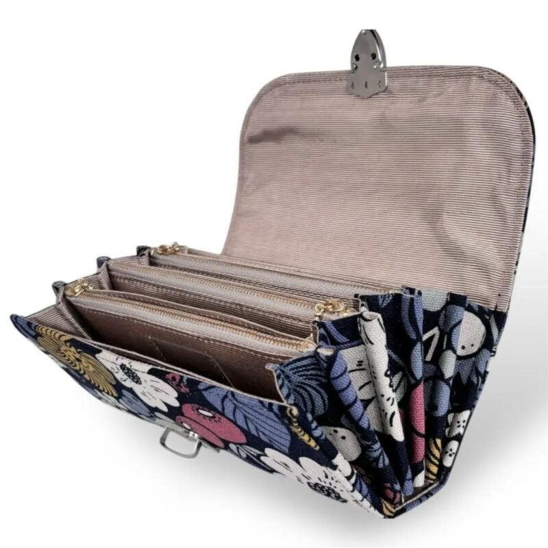 フラップ開閉型•家計やりくり財布•３費目管理用･植物柄ネイビー･開いた状態