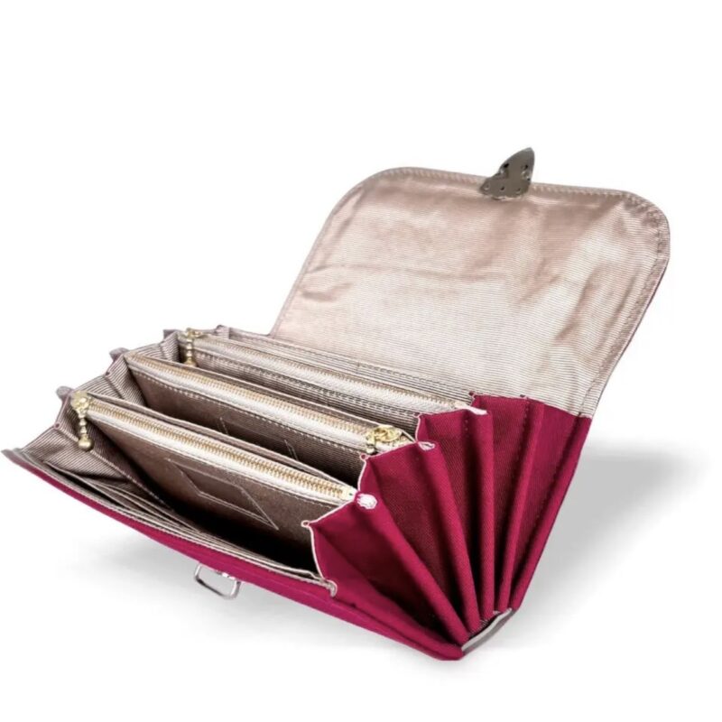 フラップ開閉型•家計やりくり財布•３費目管理用･ダークレッド･開いた状態