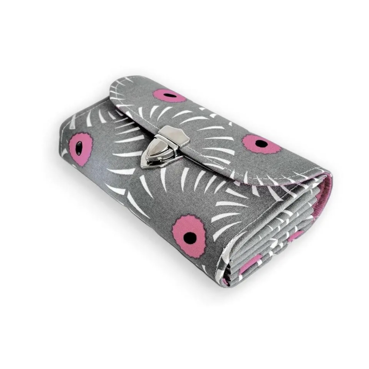 フラップ開閉型•家計やりくり財布•3費目管理用・アスター柄グレー・斜め上から