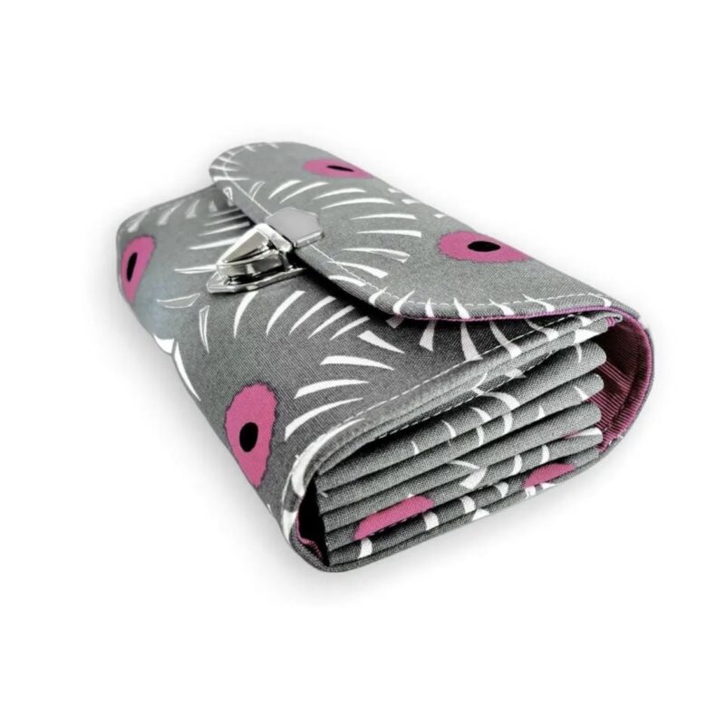 フラップ開閉型•家計やりくり財布•3費目管理用・アスター柄グレー・横