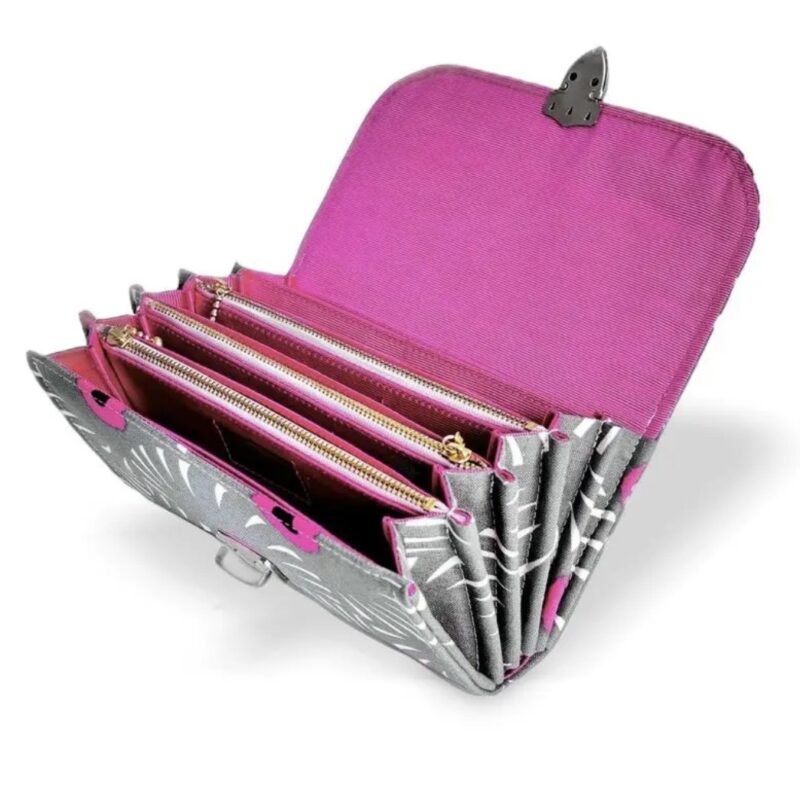 フラップ開閉型•家計やりくり財布•3費目管理用・アスター柄グレー・開いた状態