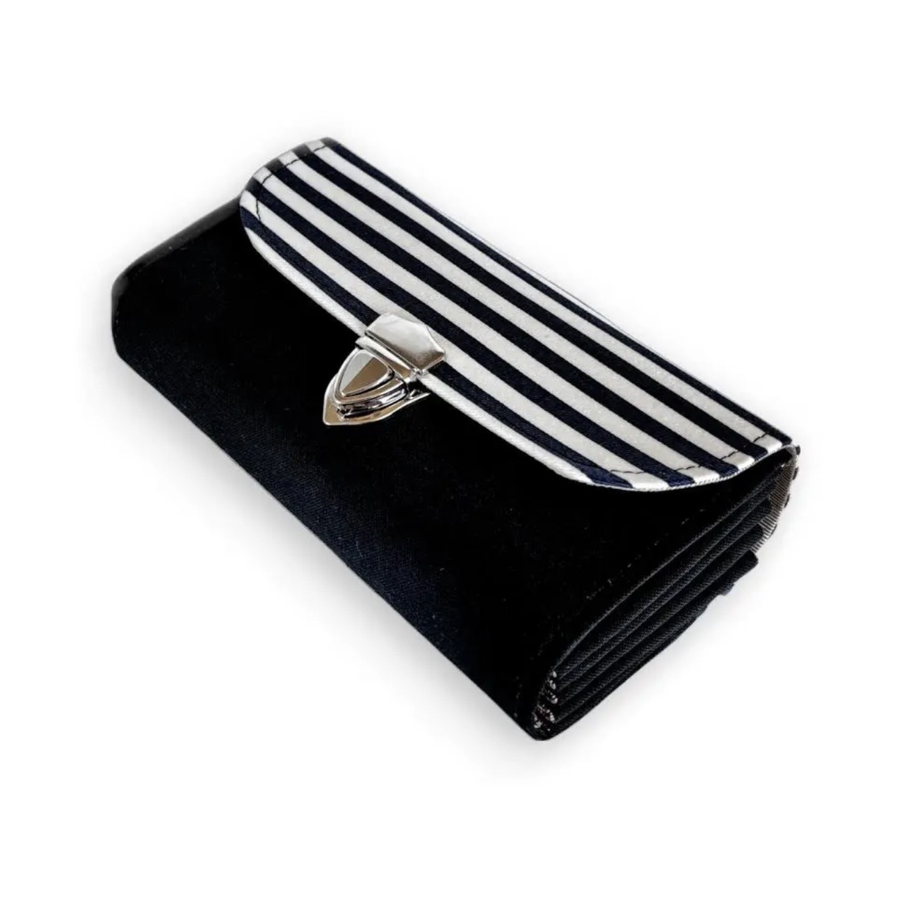 フラップ開閉型•家計やりくり財布•3費目管理用・ブラック×ボーダー・斜め上から