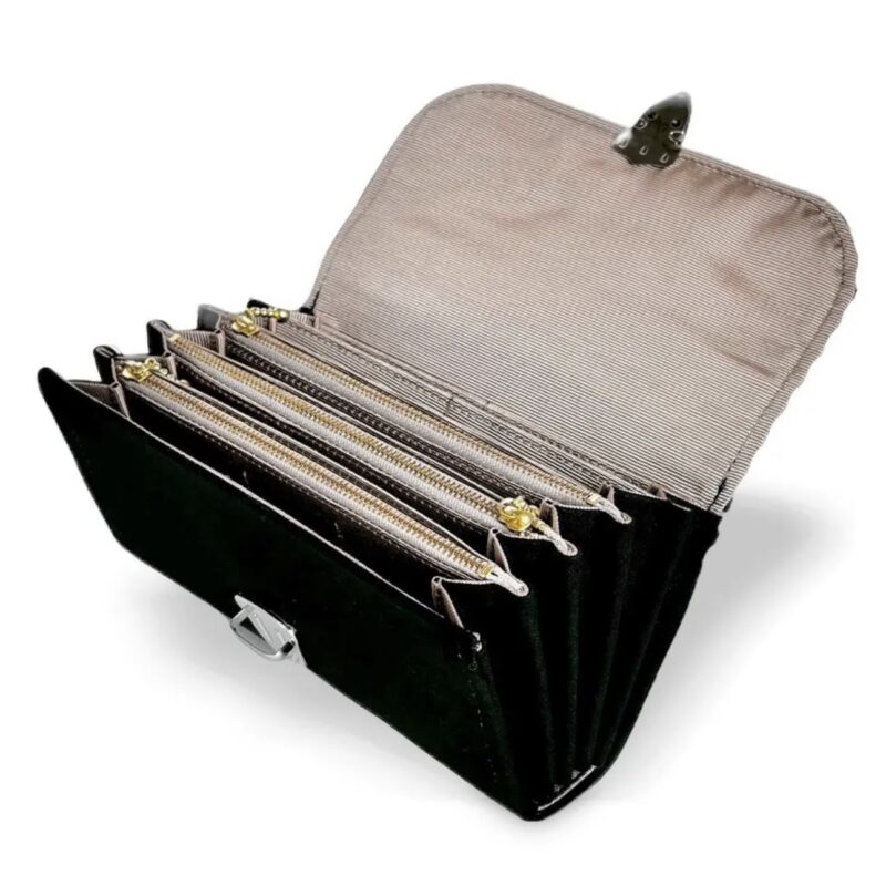 フラップ開閉型•家計やりくり財布•3費目管理用・ブラック×ボーダー・開いた状態