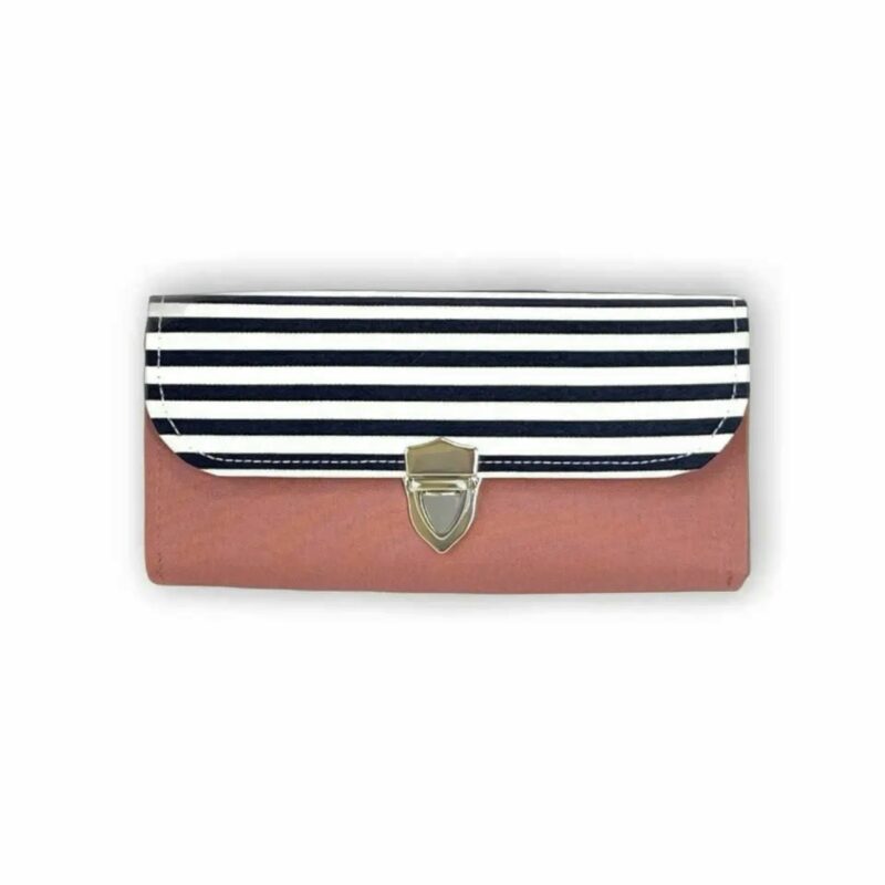 フラップ開閉型•家計やりくり財布•3費目管理用・スモークピンク×ボーダー