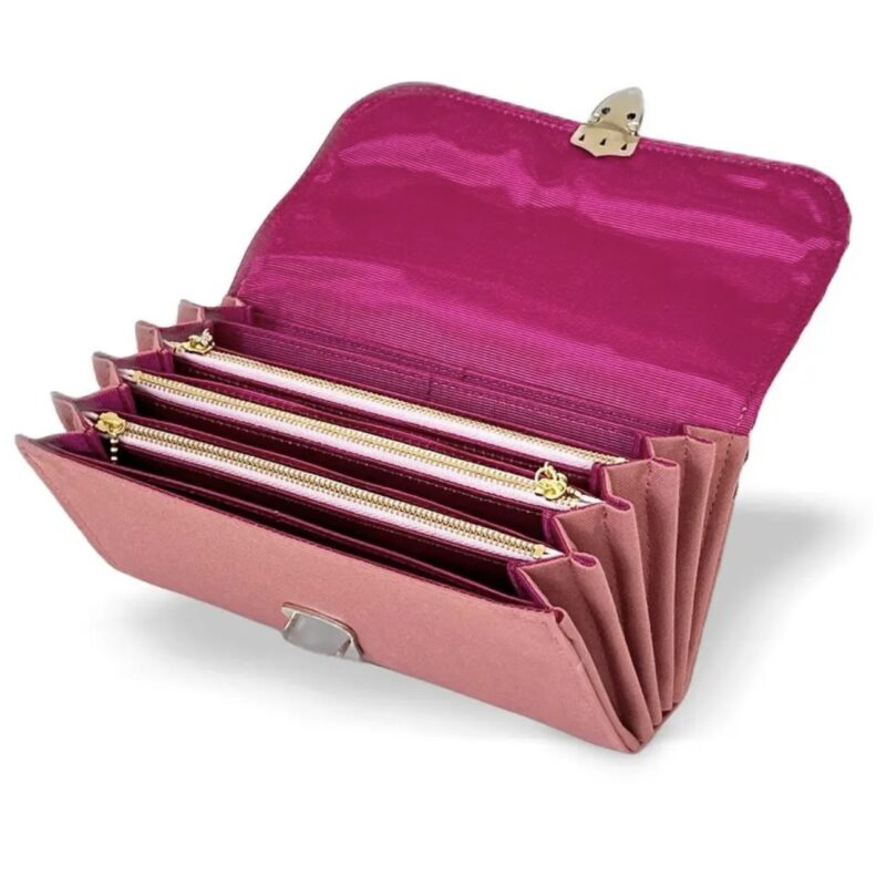 フラップ開閉型•家計やりくり財布•3費目管理用・スモークピンク×ボーダー・開いた状態