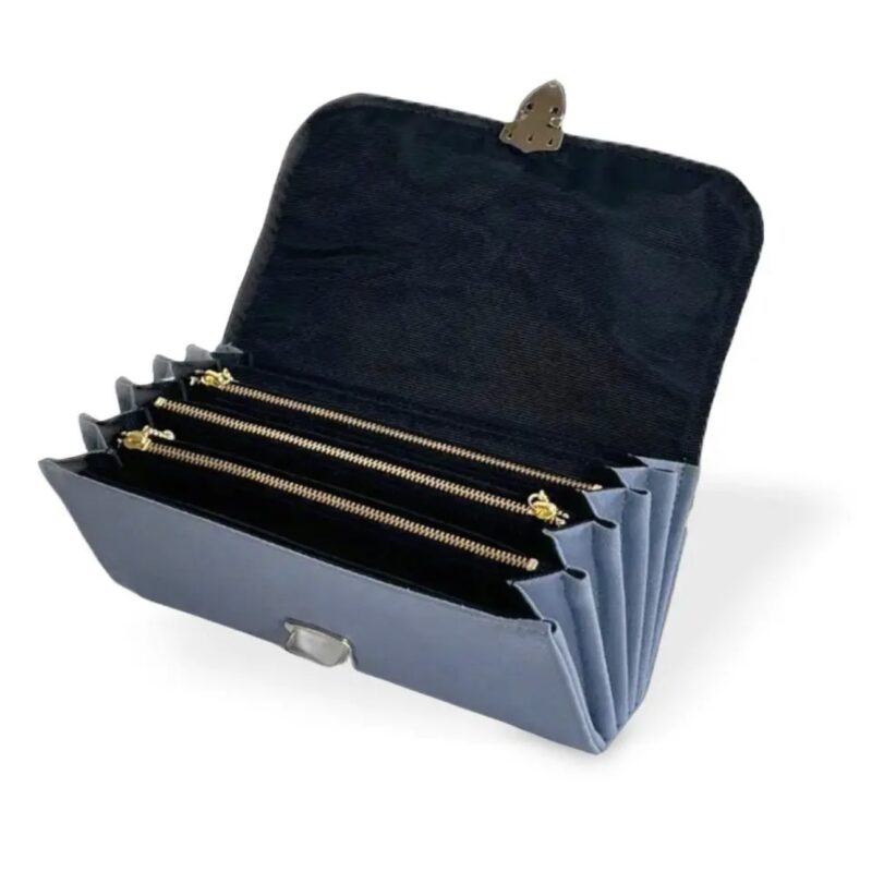 フラップ開閉型•家計やりくり財布•3費目管理用・ブルーグレー×ボーダー・開いた状態