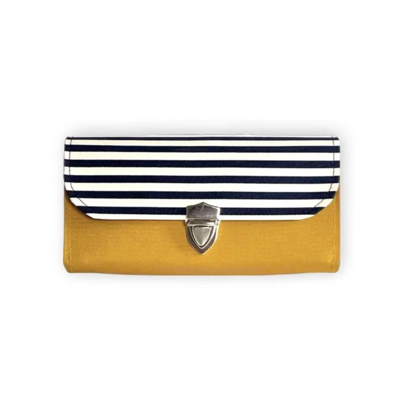 フラップ開閉型•家計やりくり財布•３費目管理用･マスタード×ボーダー