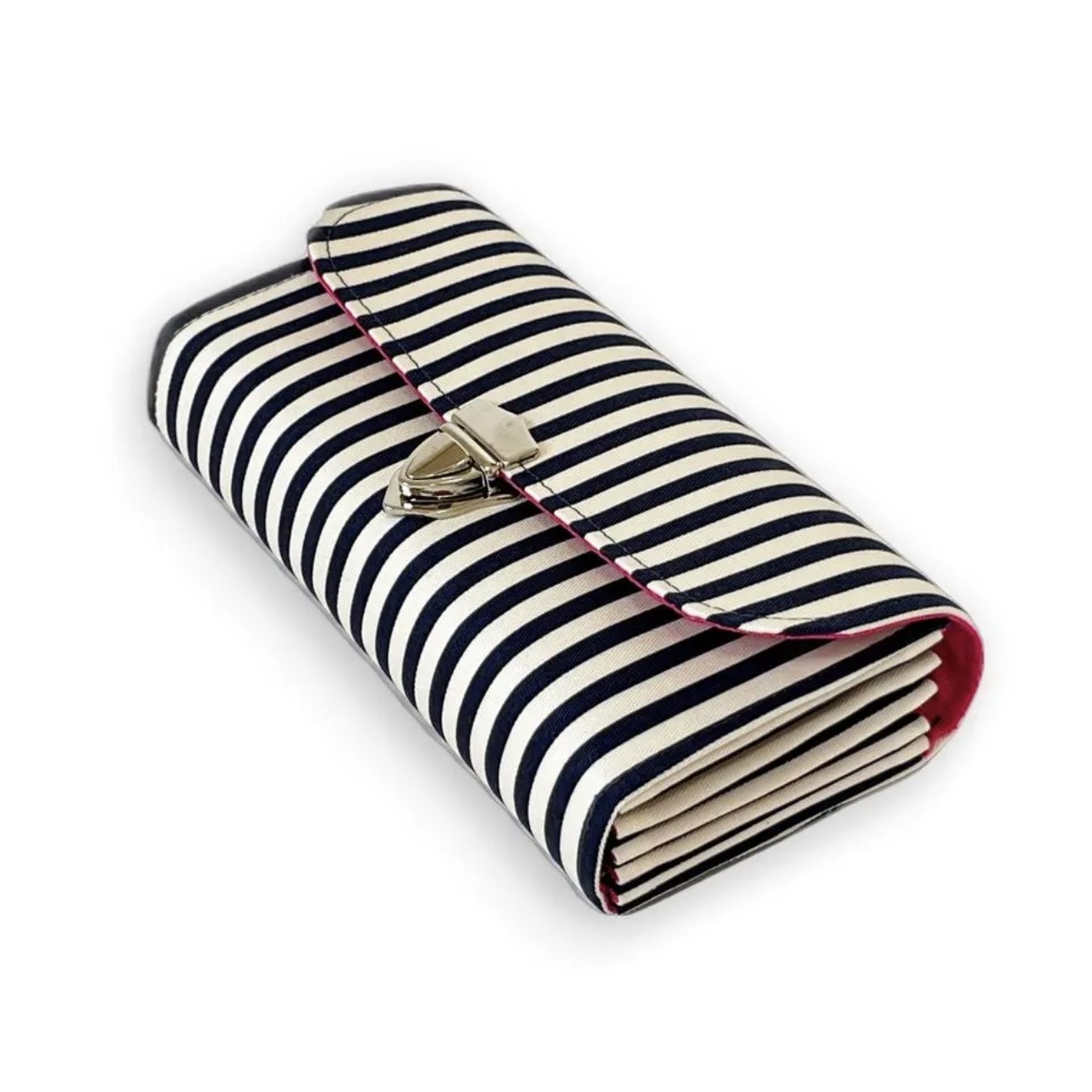 フラップ開閉型•家計やりくり財布•3費目管理用・ネイビーストライプ・斜め上から