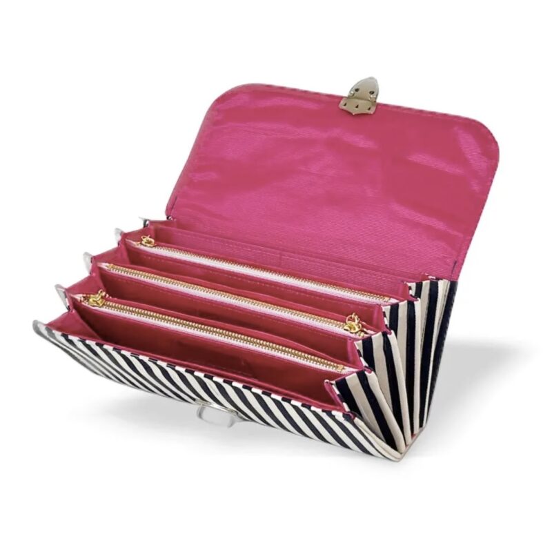 フラップ開閉型•家計やりくり財布•3費目管理用・ネイビーストライプ・開いた状態