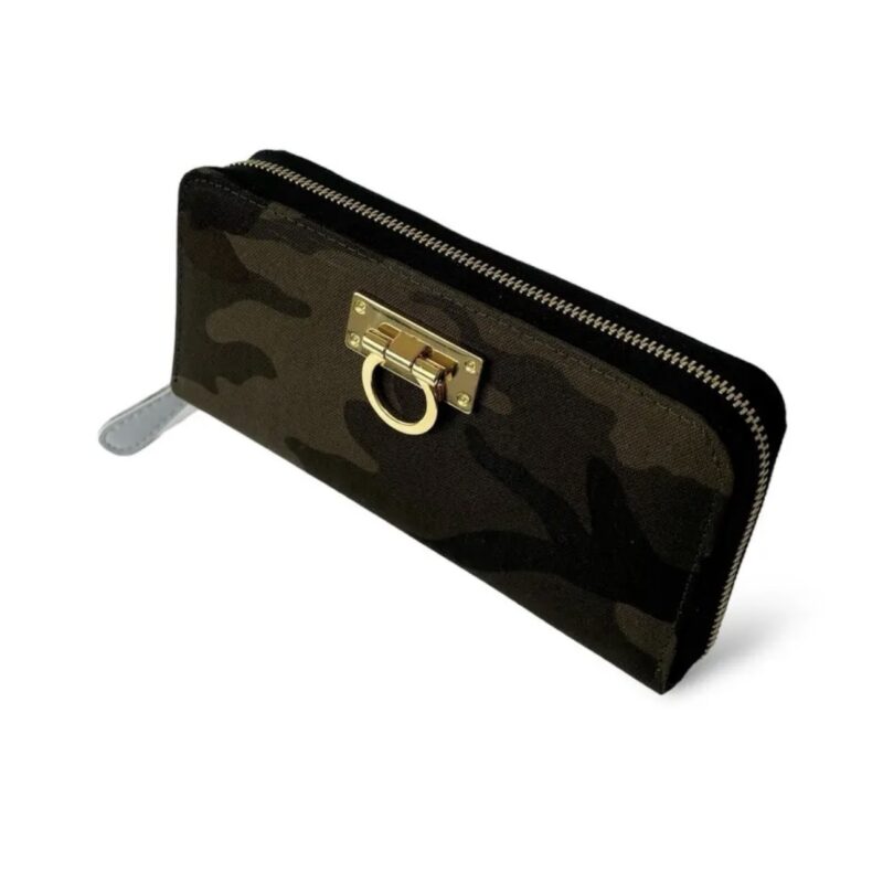ラウンドファスナー型・家計やりくり財布・3費目管理用・迷彩柄・斜め上からの外観