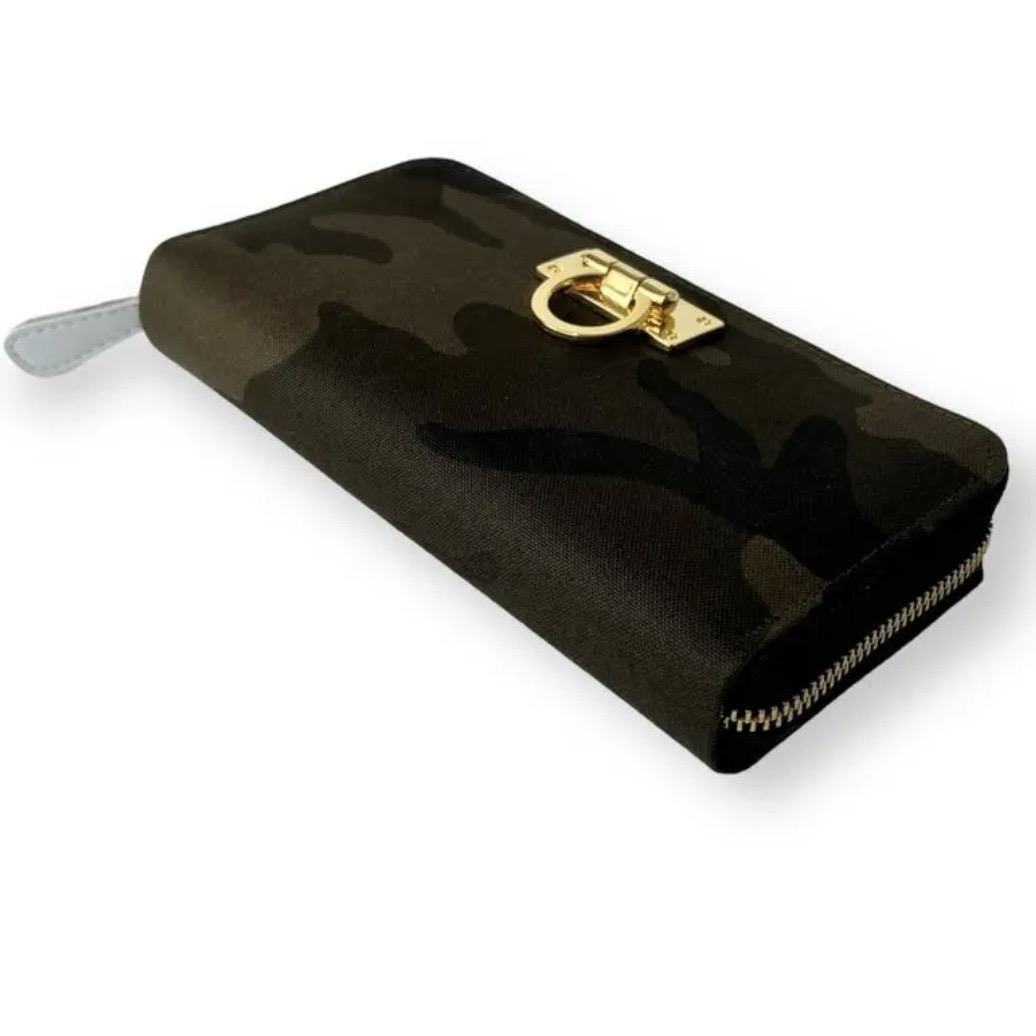 ラウンドファスナー型・家計やりくり財布・3費目管理用・迷彩柄・斜め上から