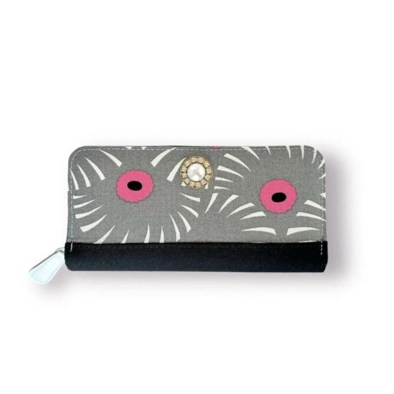 ラウンドファスナー型・家計やりくり財布・3費目管理用・アスター柄グレー×ブラック