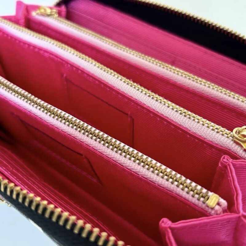 ラウンドファスナー型・家計やりくり財布・3費目管理用・アスター柄グレー×ブラック・費目ポケット