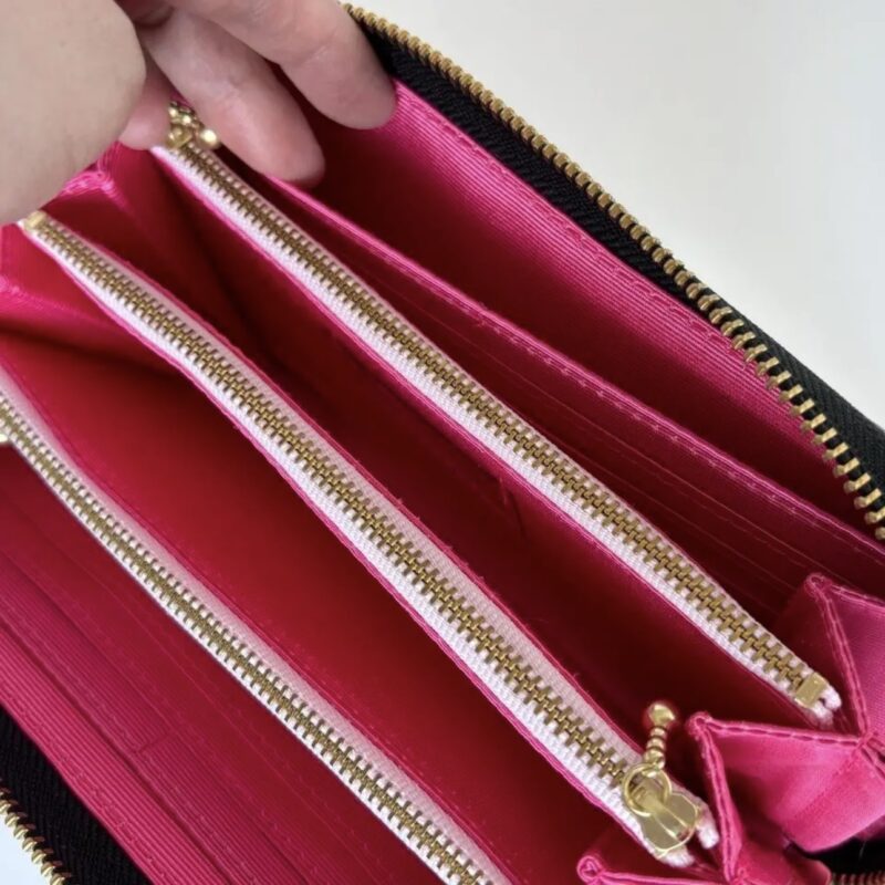 ラウンドファスナー型・家計やりくり財布・3費目管理用・アスター柄グレー×ブラック・フリーポケット