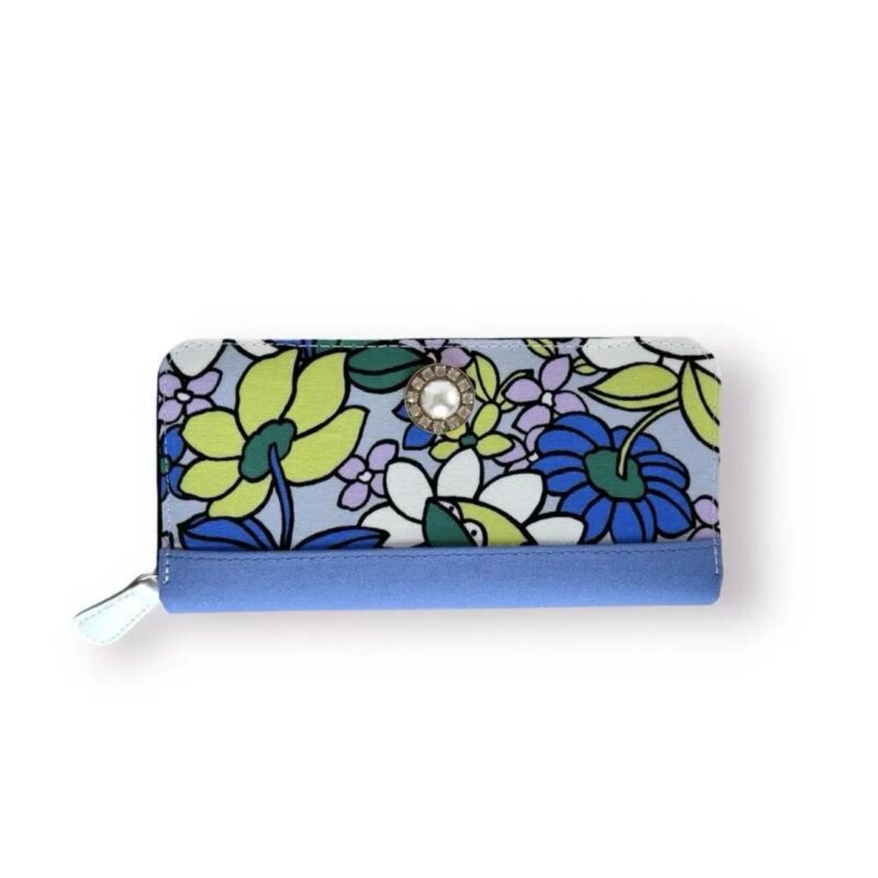 ラウンドファスナー型・家計やりくり財布・3費目管理用・レトロフラワー×スカイブルー