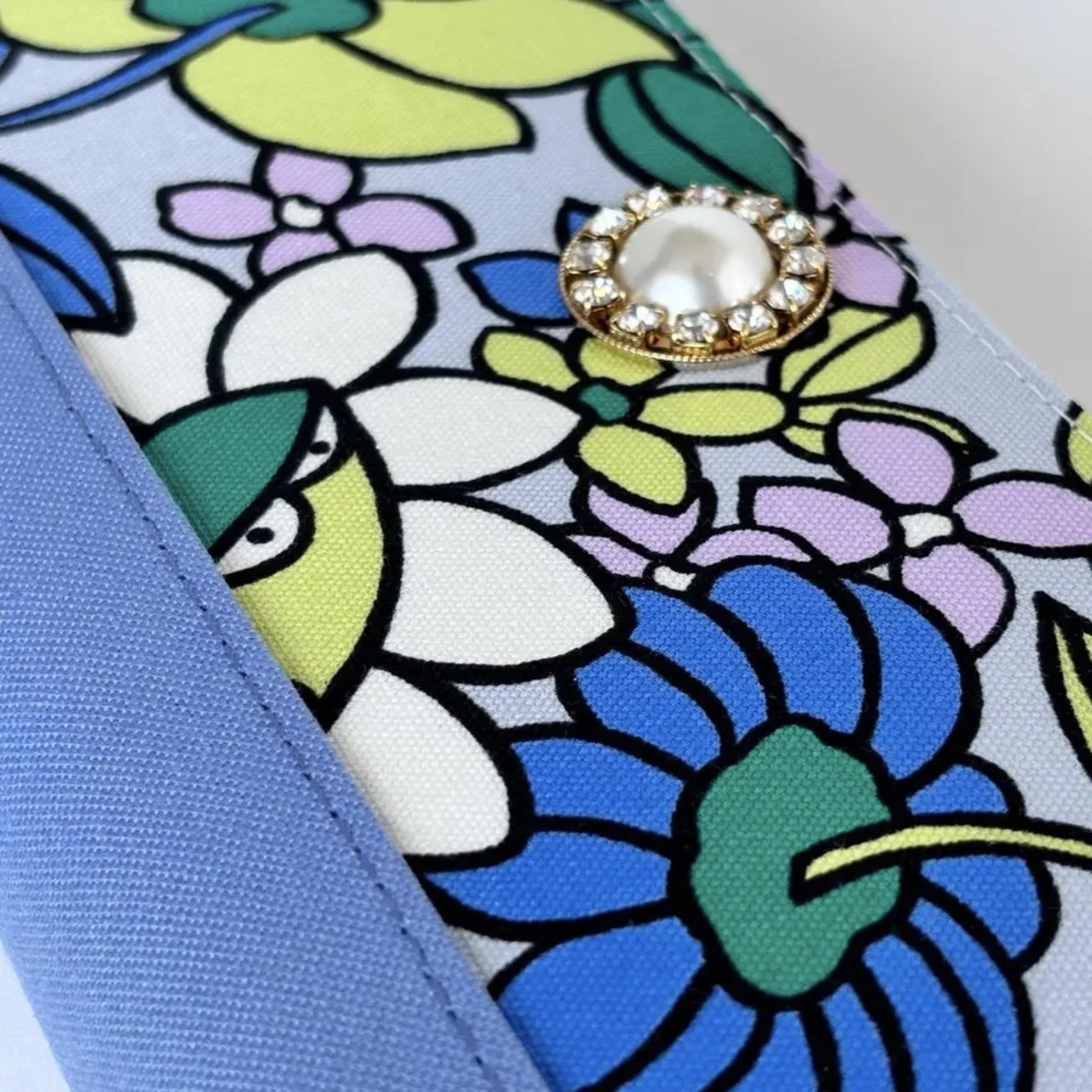 ラウンドファスナー型・家計やりくり財布・3費目管理用・レトロフラワーブルー×スカイブルー・生地