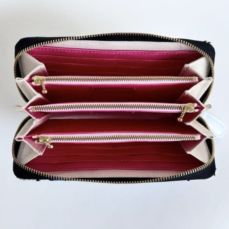 ラウンドファスナー型・家計やりくり財布・3費目管理用・レトロフラワー×スカイブルー・内部