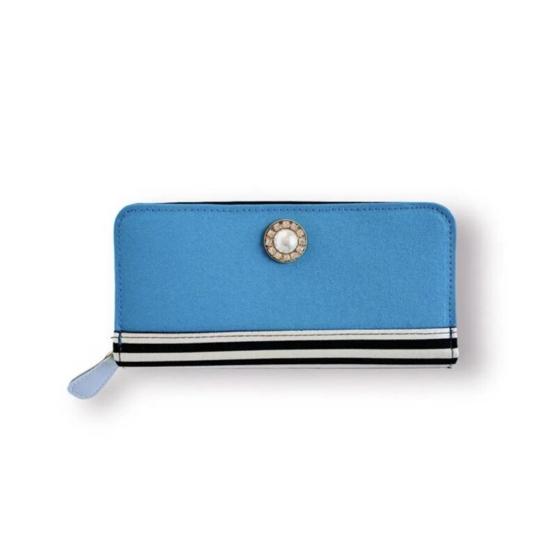 ラウンドファスナー型・家計やりくり財布・3費目管理用・ターコイズブルー×ボーダー