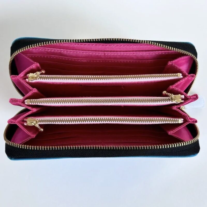 ラウンドファスナー型・家計やりくり財布・3費目管理用・ターコイズブルー×ボーダー・内部