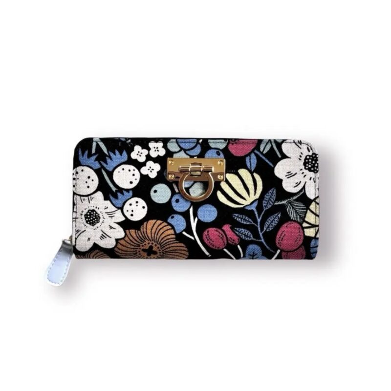 ラウンドファスナー型・家計やりくり財布・3費目管理用・植物柄ブラック