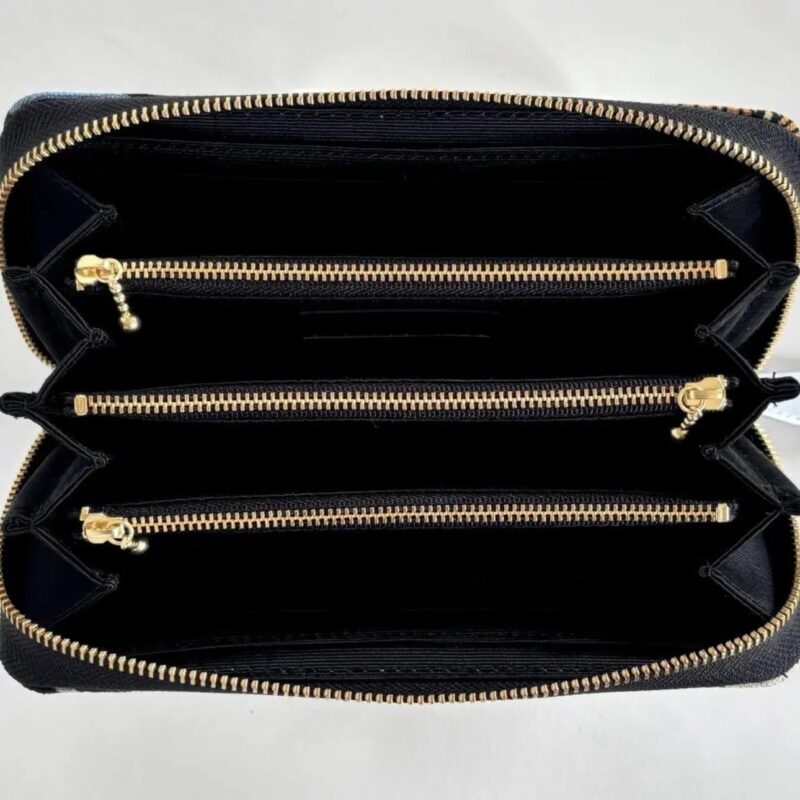 ラウンドファスナー型・家計やりくり財布・3費目管理用・植物柄ブラック・内部