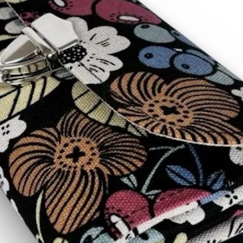 フラップ開閉型•家計やりくり財布•3費目管理用・植物柄ブラック・生地