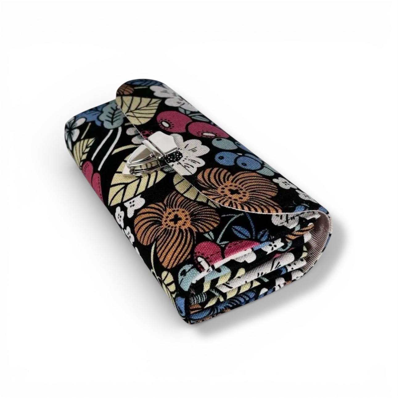 フラップ開閉型•家計やりくり財布•3費目管理用・植物柄ブラック・斜め上から