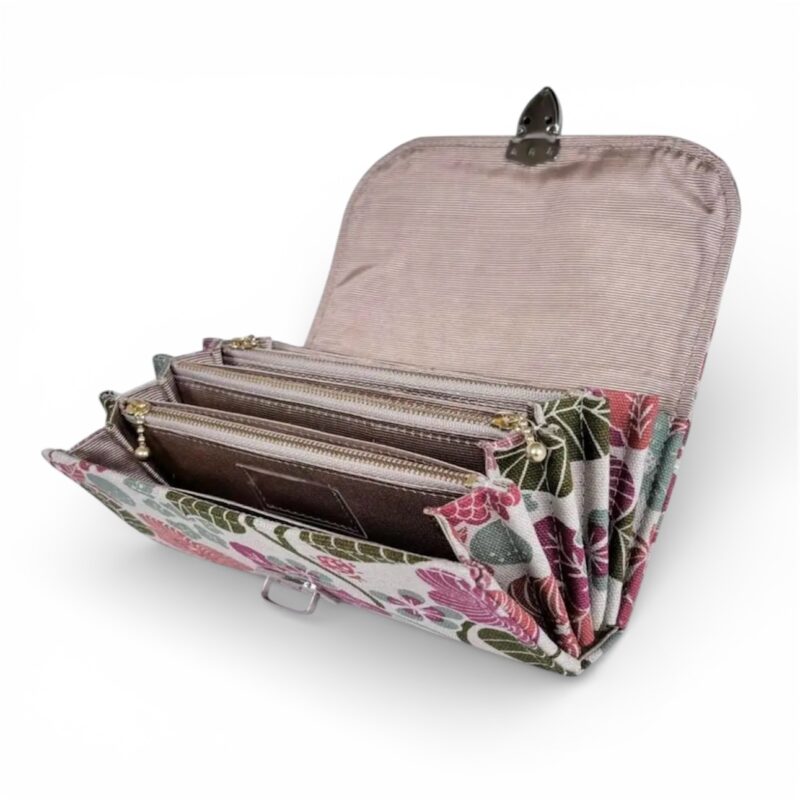 フラップ開閉型•家計やりくり財布•3費目管理用・植物柄生成り・開いた状態