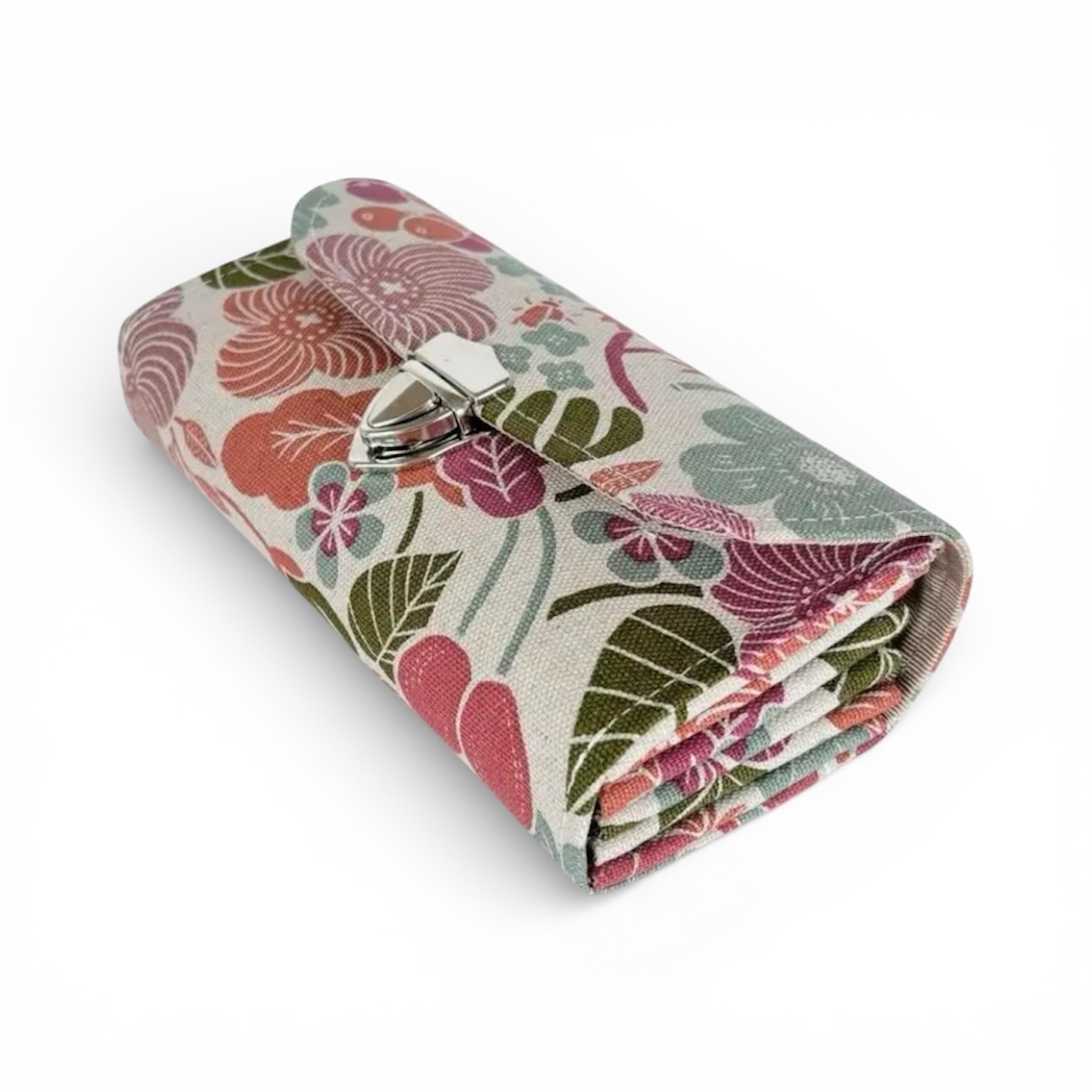 フラップ開閉型•家計やりくり財布•3費目管理用・植物柄生成り・斜め上から